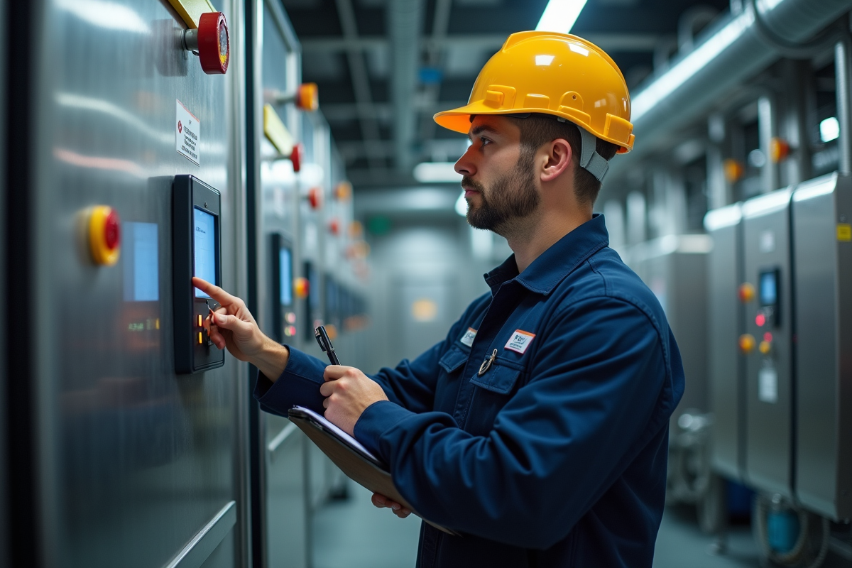 Technicien sécurité examine un panneau de contrôle industriel