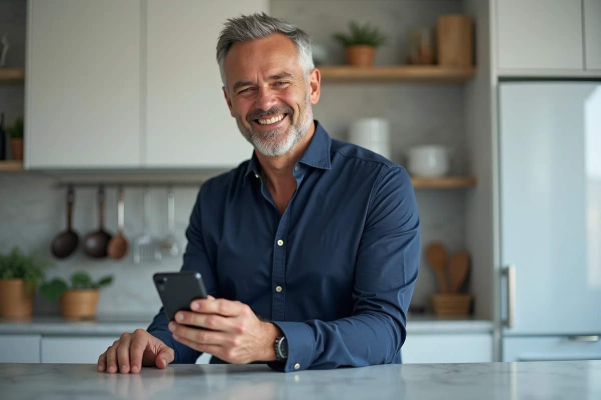 Homme téléchargeant une facture Carrefour sur smartphone dans une cuisine moderne