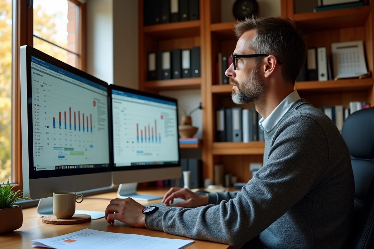 Professionnel en télétravail gérant les échéances du bilan comptable 2026 sur ordinateur