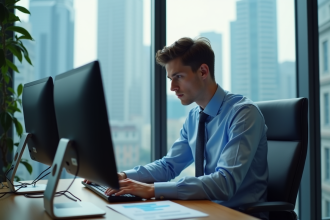 Jeune trader concentré devant ses écrans en bureau moderne