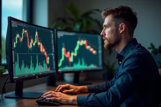 Trader analysant un double bottom sur des graphiques de trading avec histogramme de volume sur plusieurs écrans