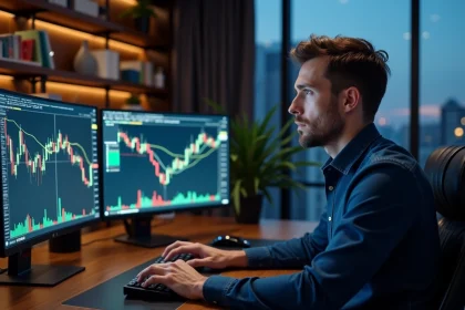 Trader analysant des graphiques de breakout sur plusieurs écrans dans un bureau moderne à domicile