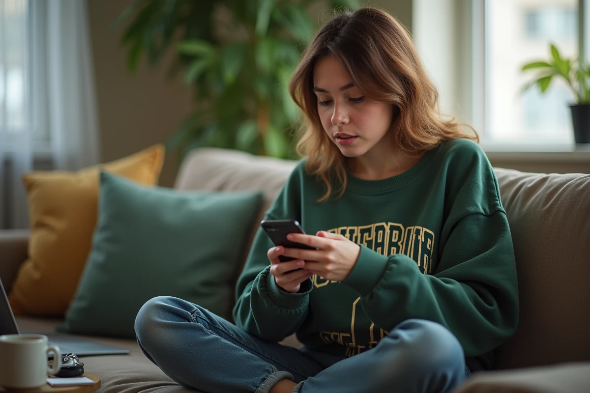 Jeune femme vérifiant ses achats League of Legends sur son téléphone avec le client LoL ouvert sur laptop