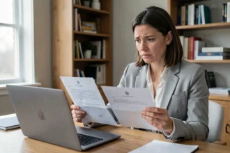 Femme comparant un document officiel de créances publiques avec un site web gouvernemental sur son ordinateur portable