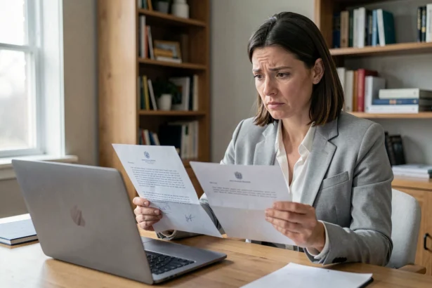 Femme comparant un document officiel de créances publiques avec un site web gouvernemental sur son ordinateur portable
