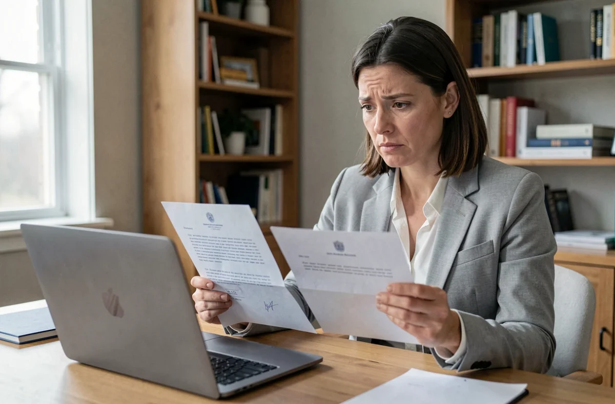 Femme comparant un document officiel de créances publiques avec un site web gouvernemental sur son ordinateur portable