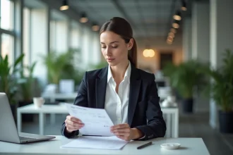 Femme professionnelle vérifiant sa fiche de paie luxembourgeoise au bureau