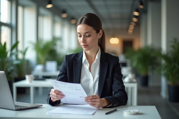 Femme professionnelle vérifiant sa fiche de paie luxembourgeoise au bureau