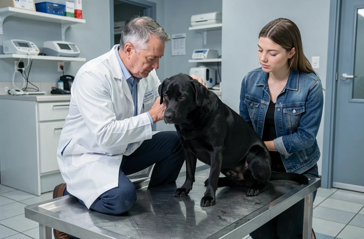 Vétérinaire examinant un labrador noir en présence de sa propriétaire dans une clinique vétérinaire