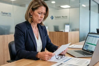 Femme professionnelle en blazer marine examinant des documents de virement international dans une agence bancaire moderne