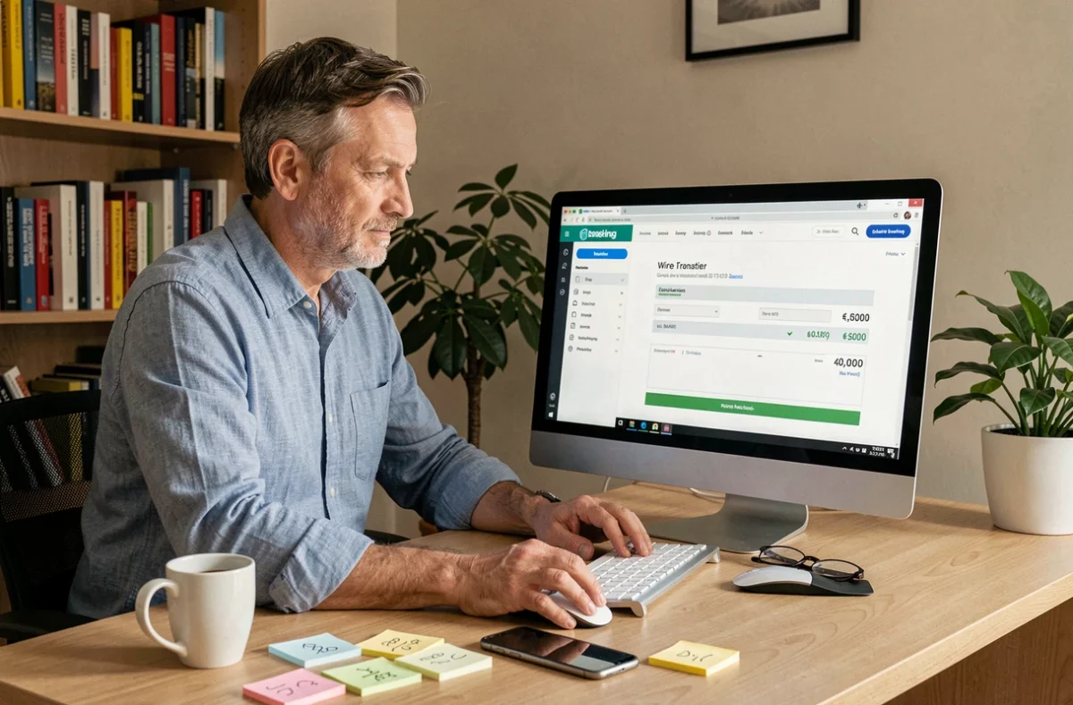 Homme d'âge mûr effectuant un virement international en ligne depuis son bureau à domicile